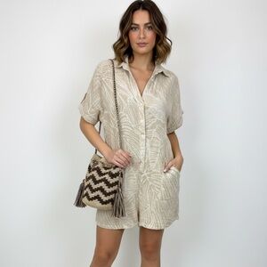 Boho Tropical Palm Print Short Romper - Tan/Beige - Size L